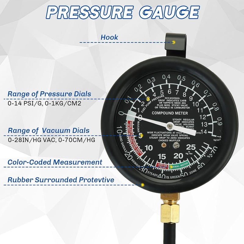 weyleity Fuel Pump and Vacuum Tester Gauge | Vacuum and Fuel Pump Tester Gauge Kit Carburetor Pressure Fuel Pressure Tester Kit Automotive Vacuum Gauge (Red) - Image 3